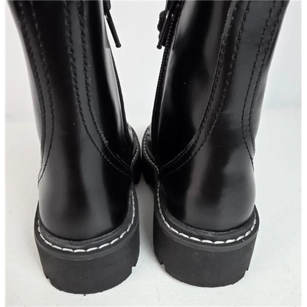 H&M Girls Black Patent Faux Leather Combat Boots Furry Lined Lace Up Zip US 12